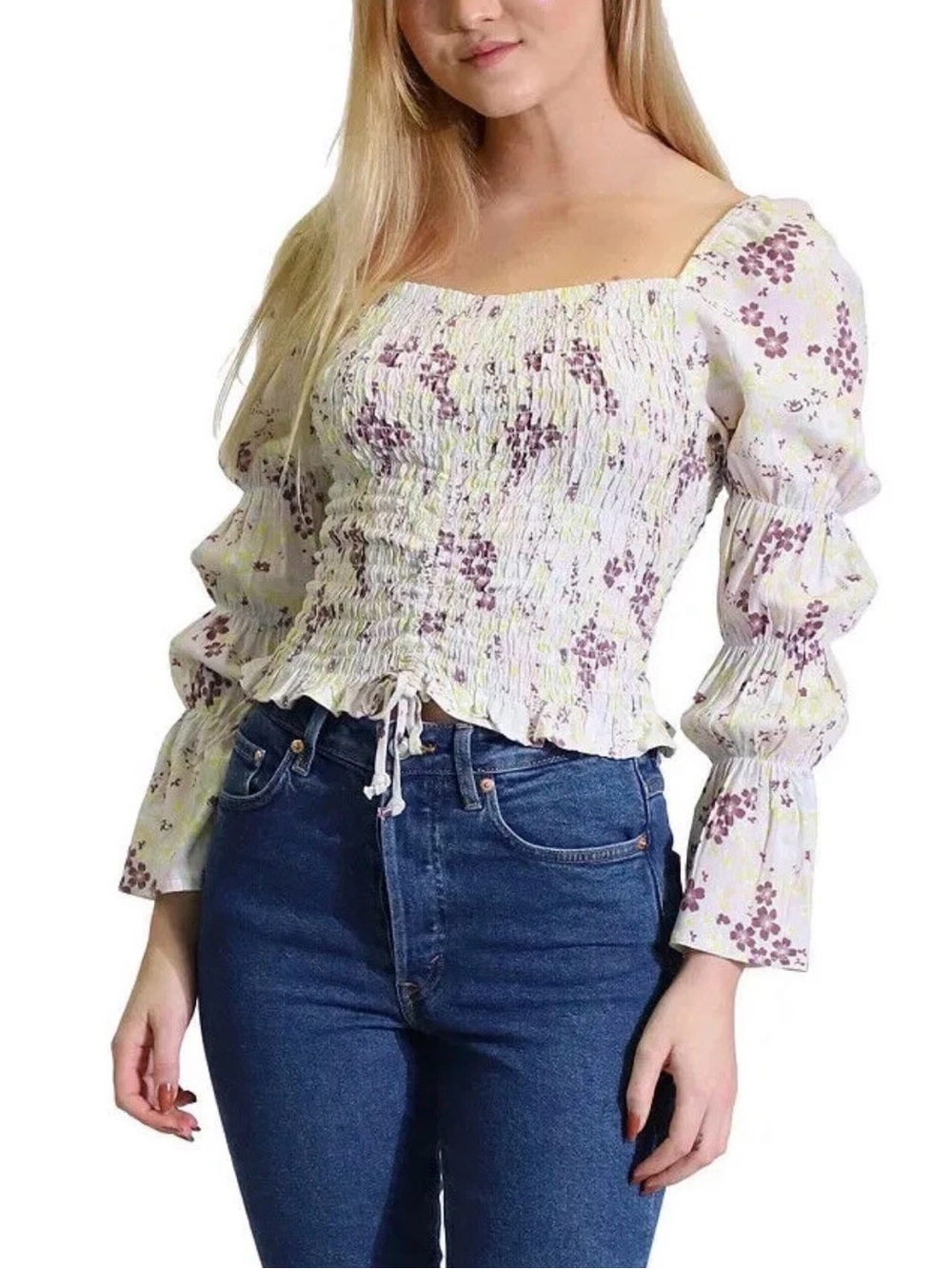 Smocked Peasant Square-Neck Floral Blouse Ruched Flare Sleeves Cottagecore M